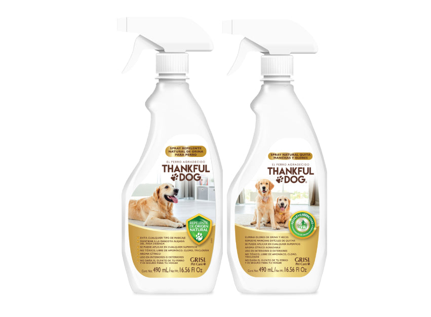 Kit Cuidado del hogar Thankful Dog Spray Repelente Antiorina y Spray limpiador de superficies antiolores y quitamanchas